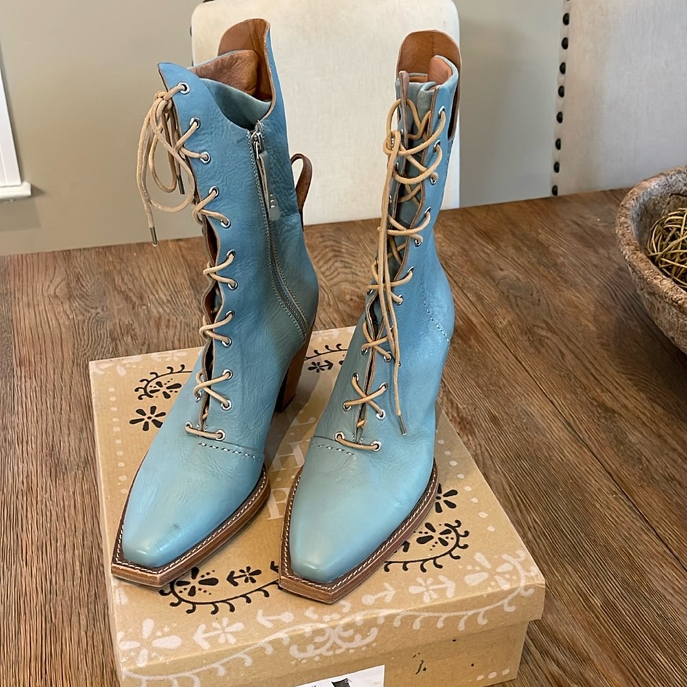 Free People Canyon Lace Up Boot in Mineral Blue size 39.5